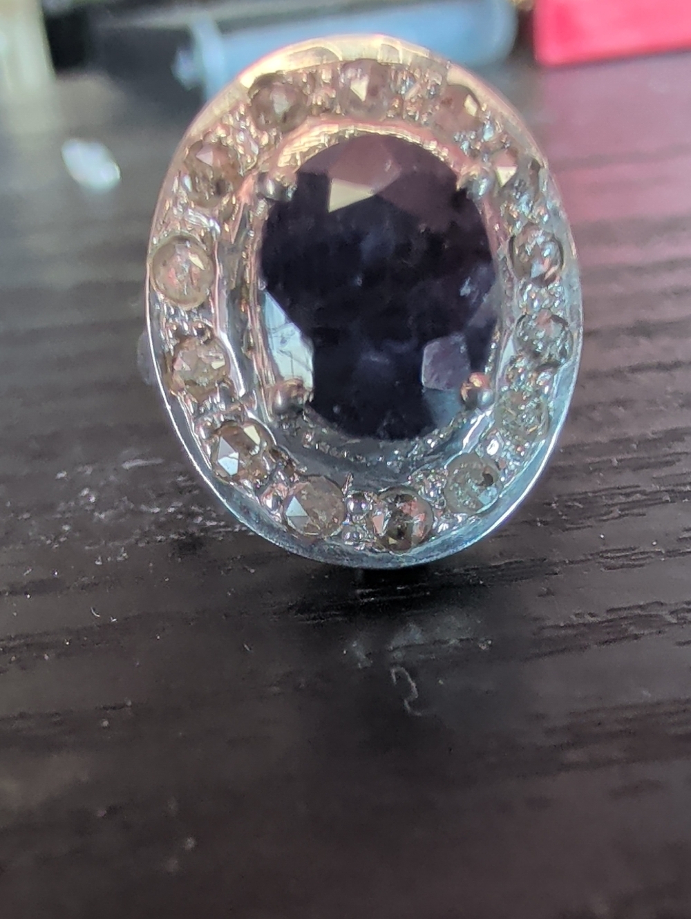Sterling Silver Blue Natural Sapphire Halo Ring With 14 Natural Diamonds